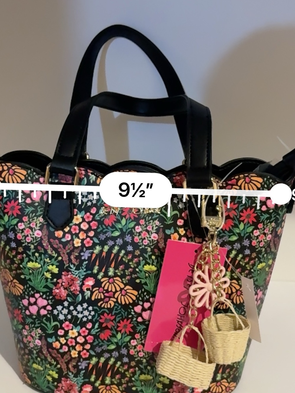 Betsey Johnson Black Floral Tote with Pink & Green Accents - Picture 14 of 16